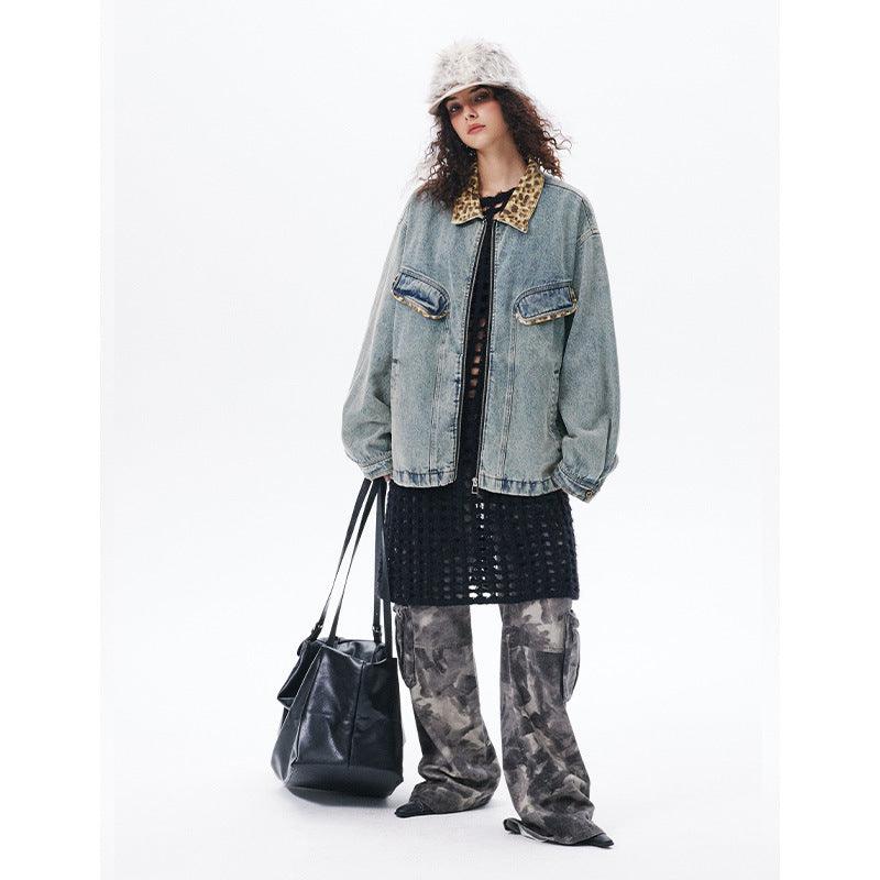 American-style Retro Street Washed Leopard Print Lapel Jacket For Women null