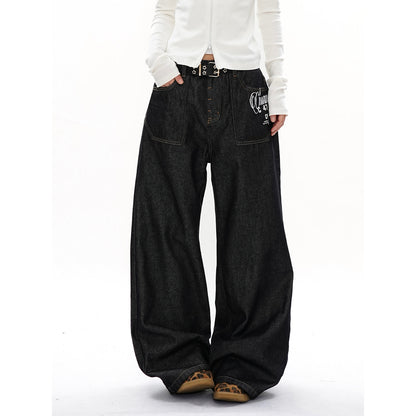 Straight Leg Wide Leg Jeans for Women, Solid Color Print,Street Retro Style, Casual Long Pants