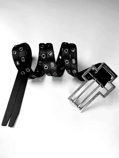 Distressed Cross-pattern Full-grain Leather Double-layer Belt 135cm