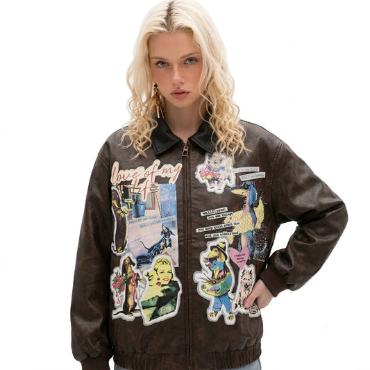 Vintage Printed Color-blocked Lapel Jacket For Women | MuddyStock Originals