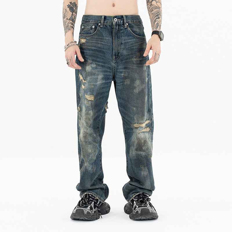 Men's High-End Distressed and Slashed Design Straight Jeans | MuddyStock Originals