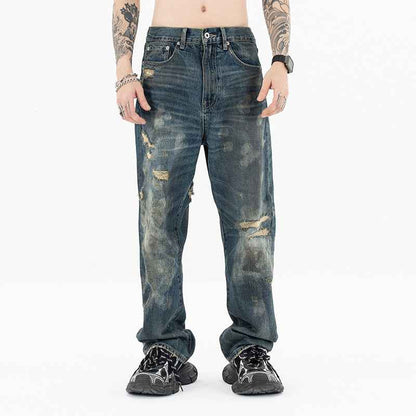 Men's High-End Distressed and Slashed Design Straight Jeans | MuddyStock Originals