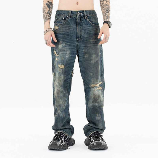 Men's High-End Distressed and Slashed Design Straight Jeans | MuddyStock Originals
