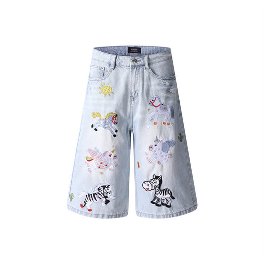 Cartoon horse embroidery light colored washed denim shorts for women | MuddyStock Originals Blue