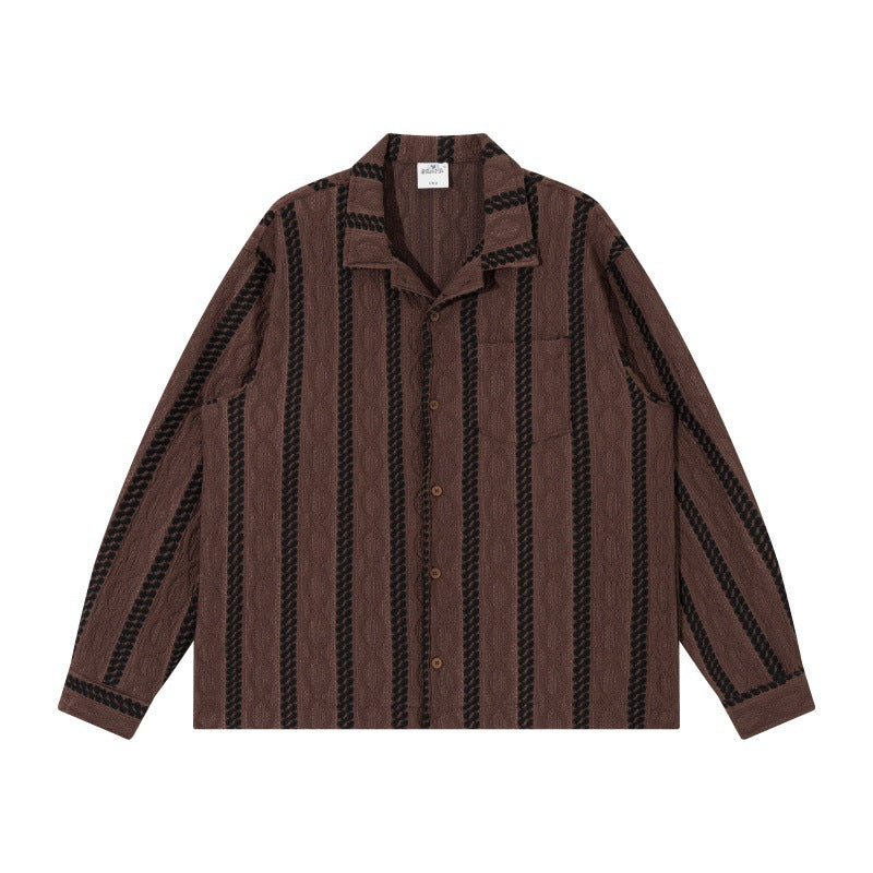 Rich Striped Collar Loose Fit Long Sleeve Shirt Chestnut Brown