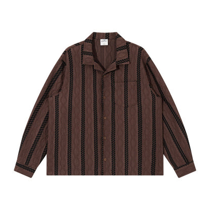 Rich Striped Collar Loose Fit Long Sleeve Shirt Chestnut Brown