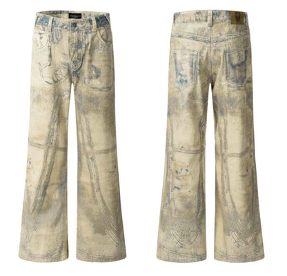 Retro Full Printed Washed Jeans For Men And Women MuddyStock