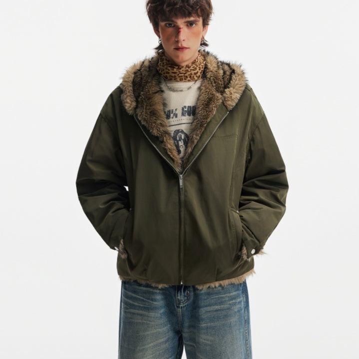 Fur-collar Cotton Jacket For Men Green