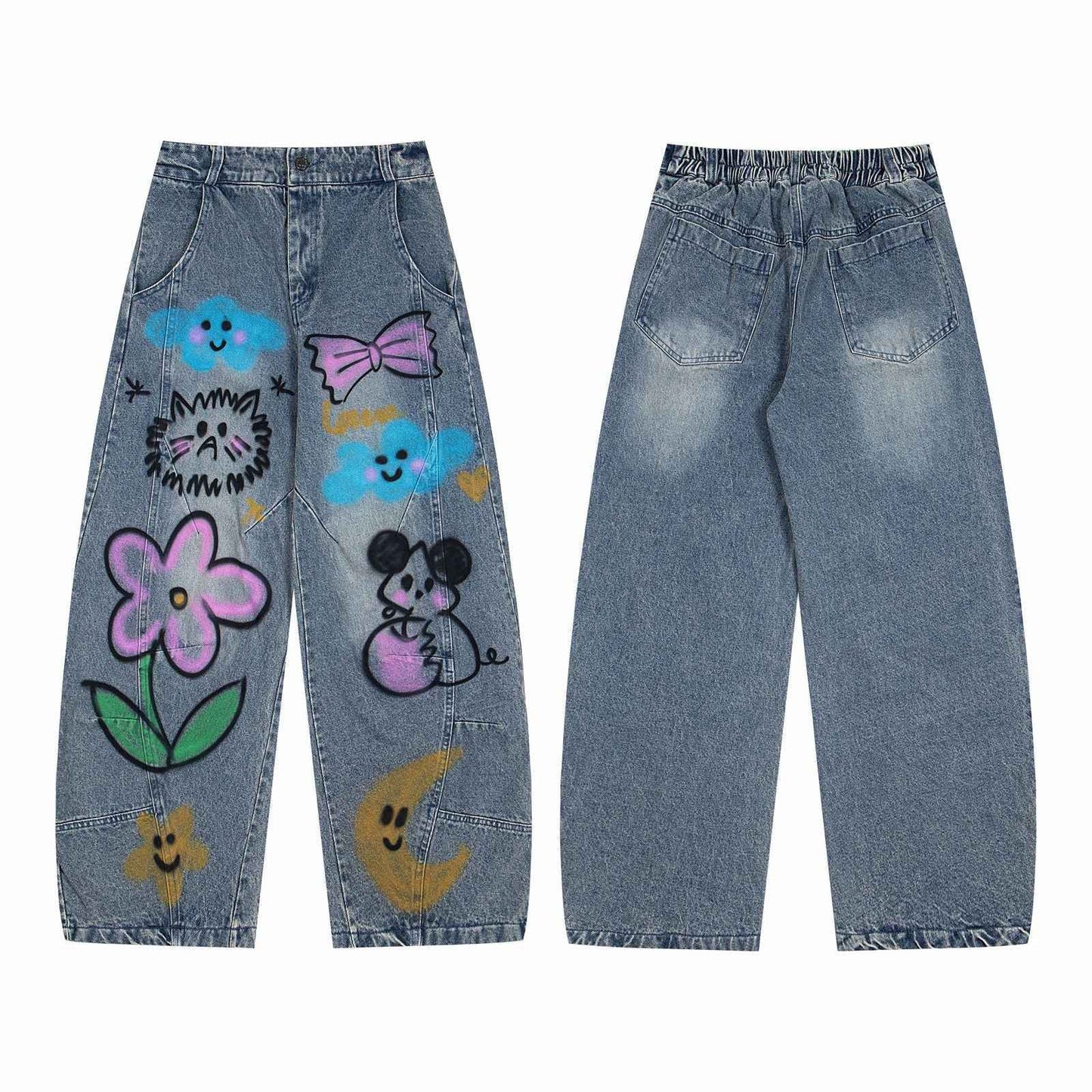 Cartoon graffiti printed jeans wide leg pants for women | MuddyStock Originals