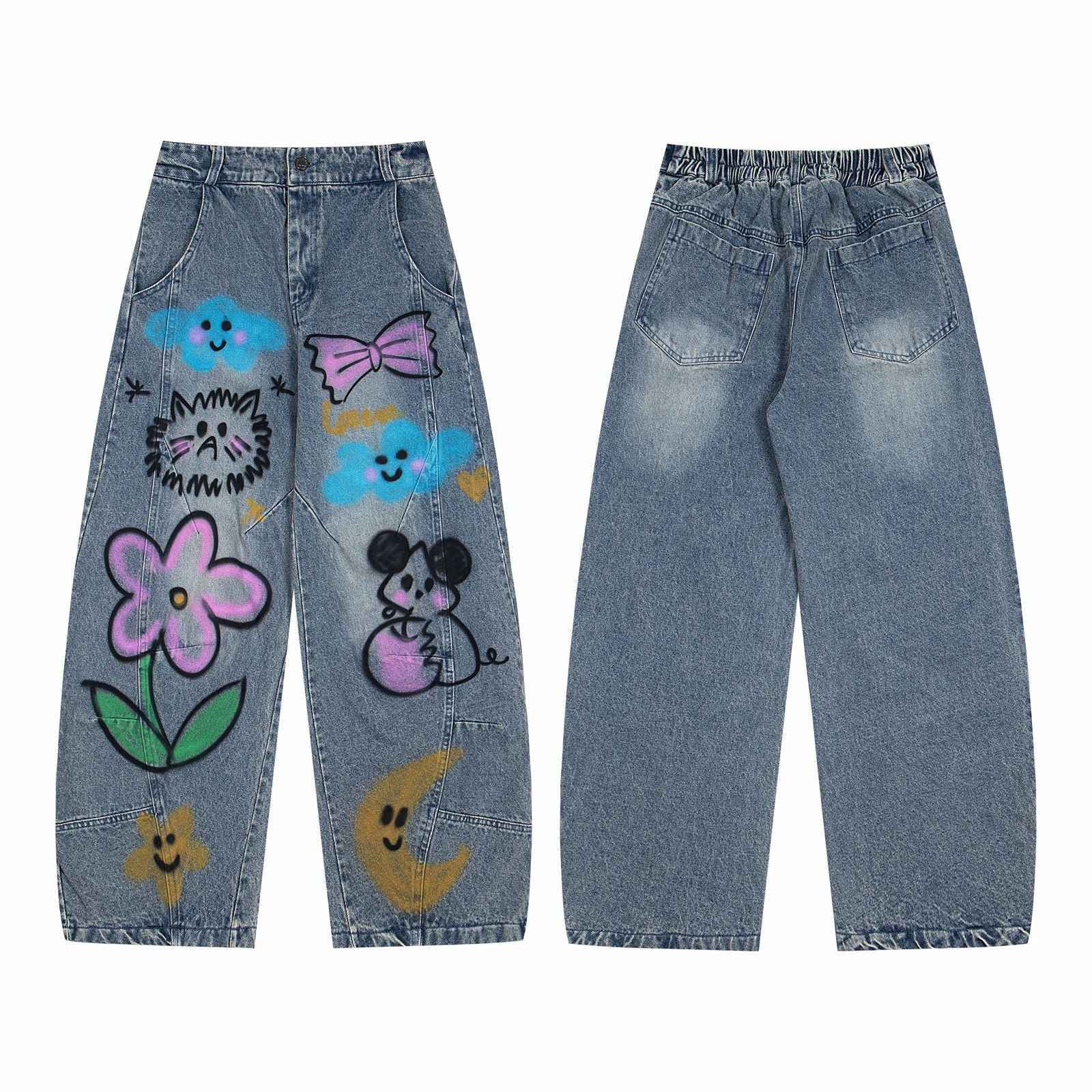 Cartoon graffiti printed jeans wide leg pants for women | MuddyStock Originals