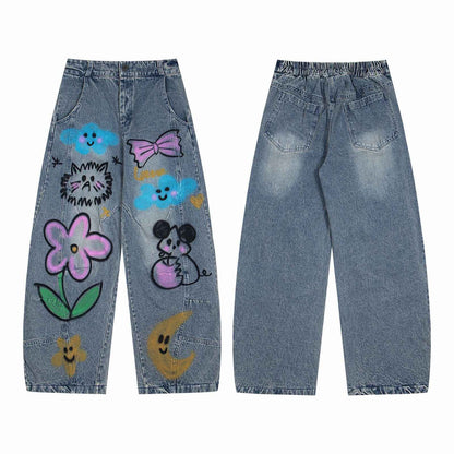 Cartoon graffiti printed jeans wide leg pants for women | MuddyStock Originals