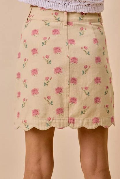 Floral Rose Print Cotton Twill Scallop Mini Skirt