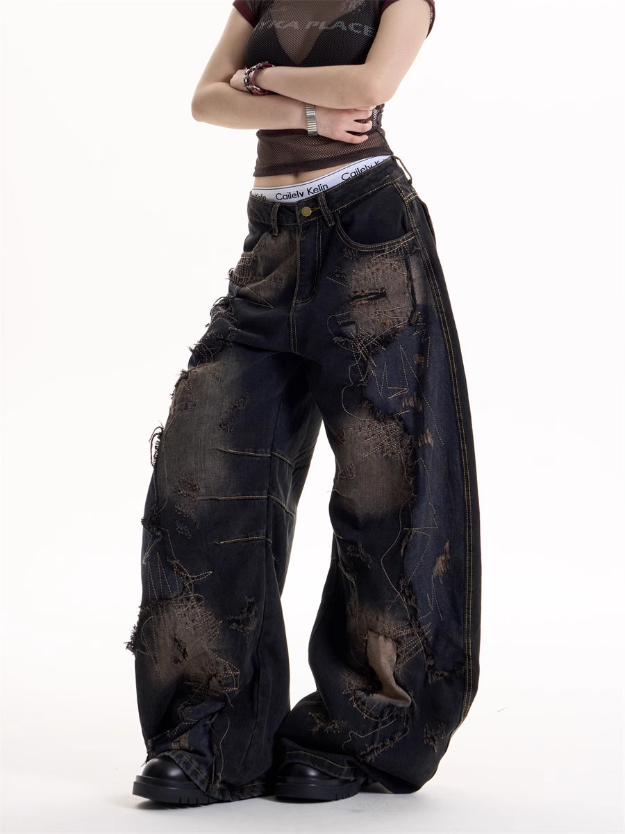 American Retro Wind Black Tie-dyed Ripped Jeans For Women