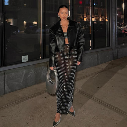 Black Rivet Top + Skirt Set For Women All Products