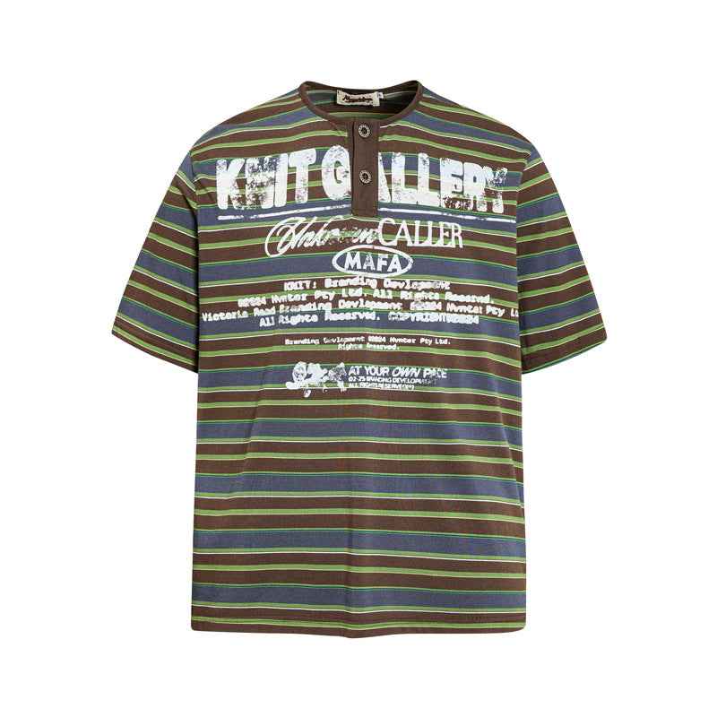 Contrast striped Henry collar short sleeved T-shirt for men | MuddyStock Originals Green