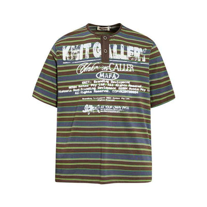 Contrast striped Henry collar short sleeved T-shirt for men | MuddyStock Originals Green