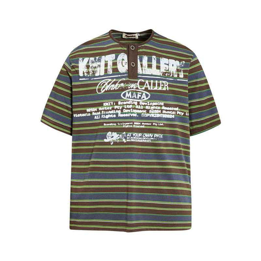 Contrast striped Henry collar short sleeved T-shirt for men | MuddyStock Originals Green