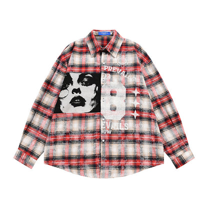 Men's Vintage Dark Portrait Plaid Long Sleeve Shirt Casual Loose Streetwear Style