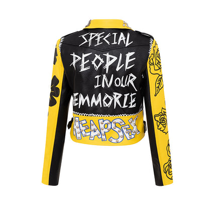 Graffiti Print Motorcycle Leather Jacket For Women