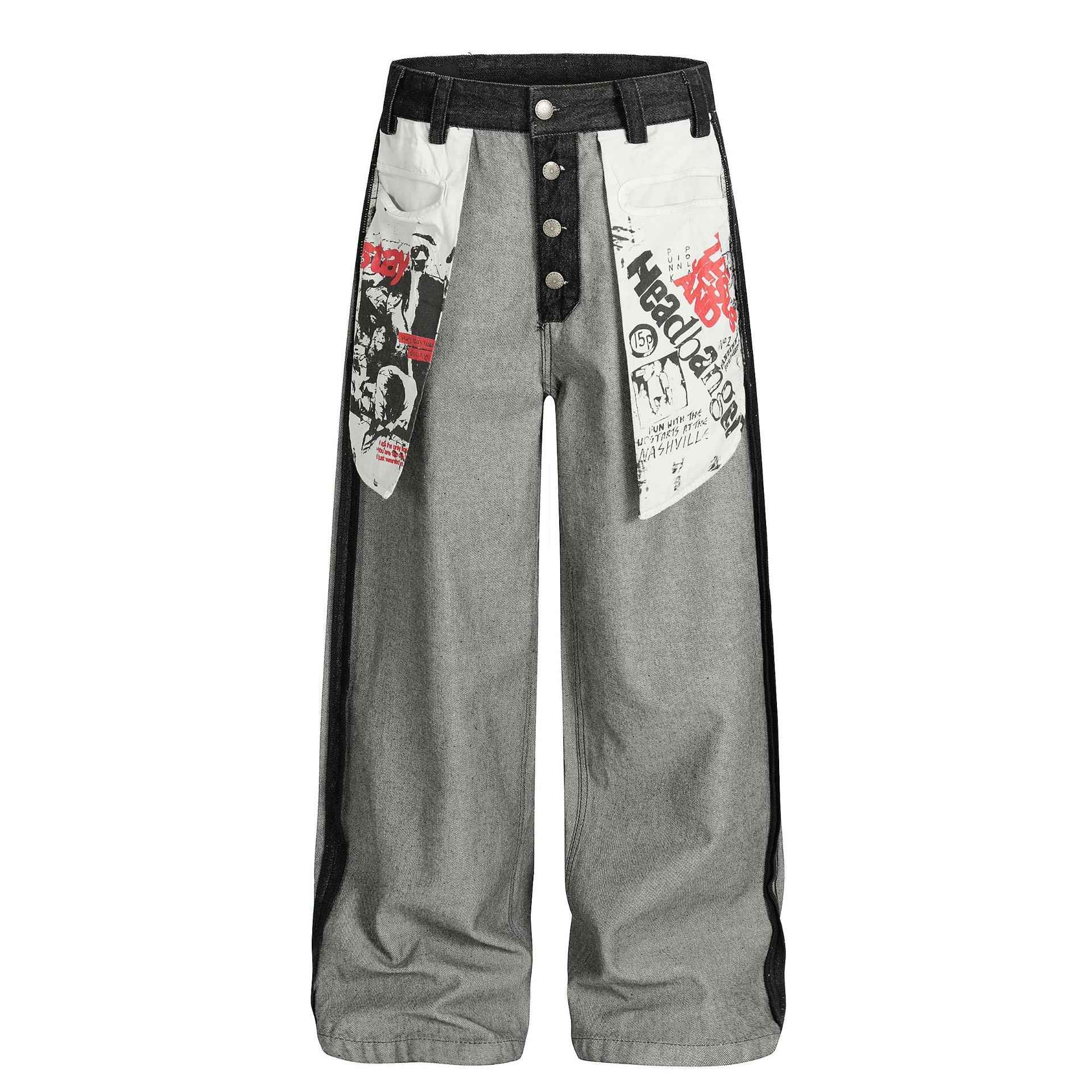 Street Style Printed Deconstructed Loose Fit Jeans For Men And Women MuddyStock