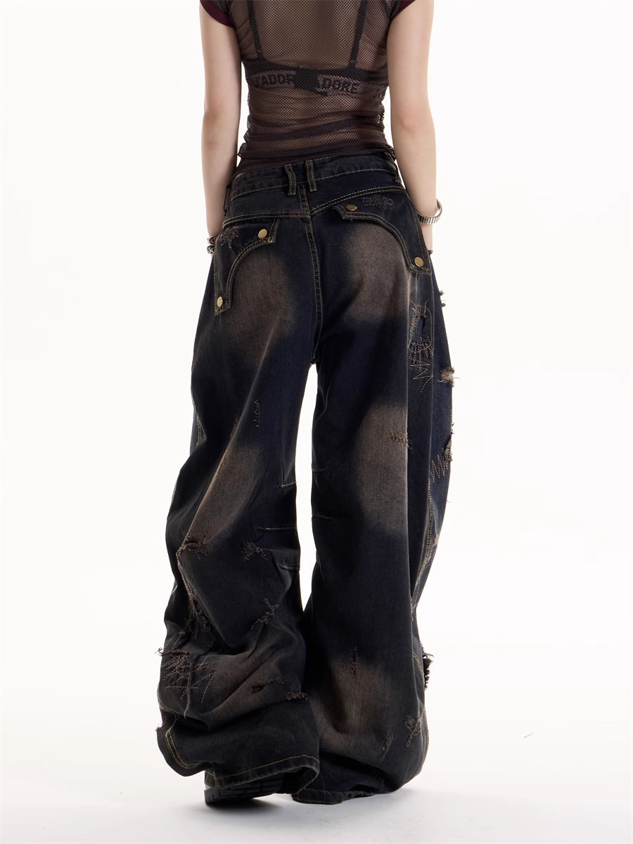 American Retro Wind Black Tie-dyed Ripped Jeans For Women
