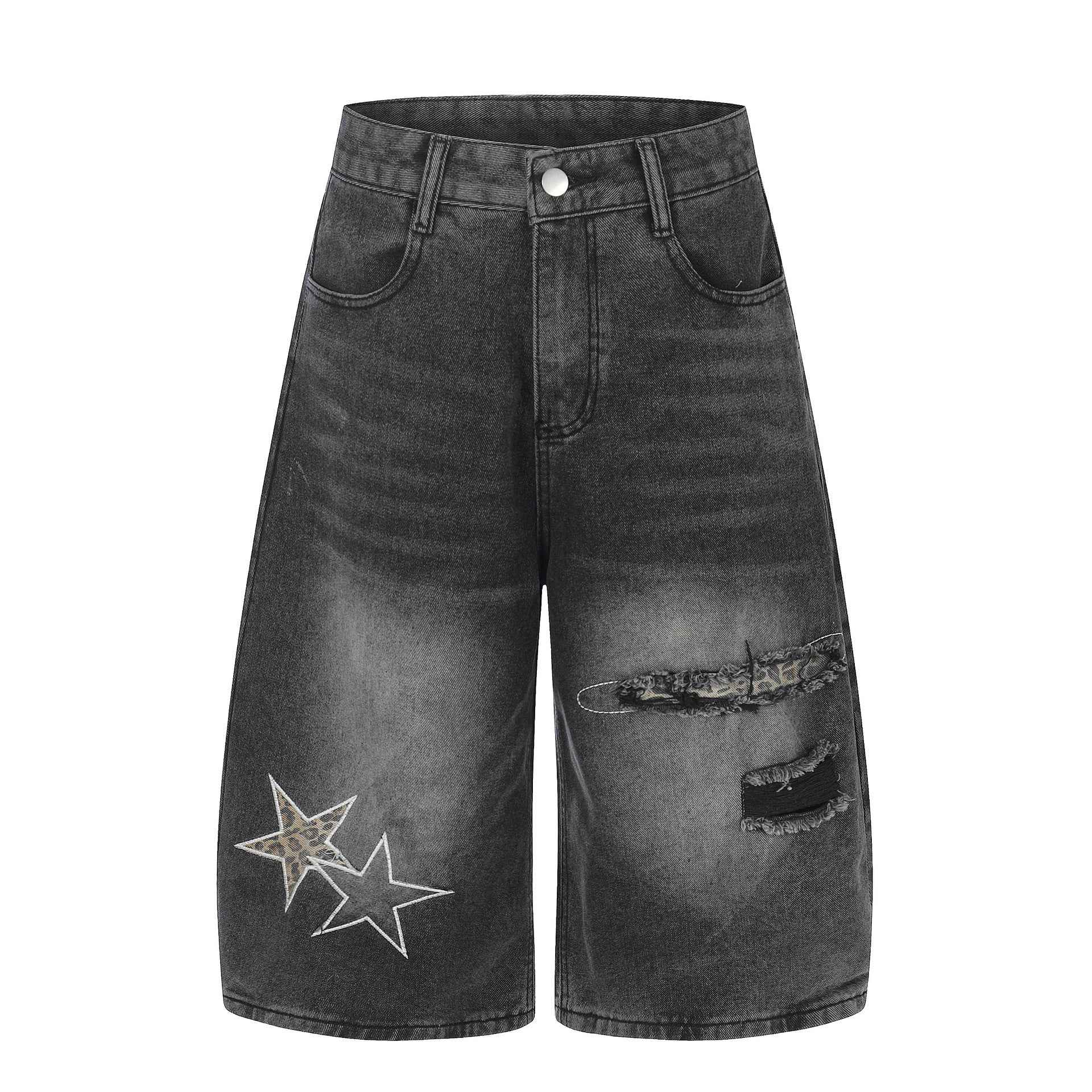 Distressed Leopard Print Star Denim Crop Pants, Loose Wide Leg Washed Casual Mid-Length Shorts Black