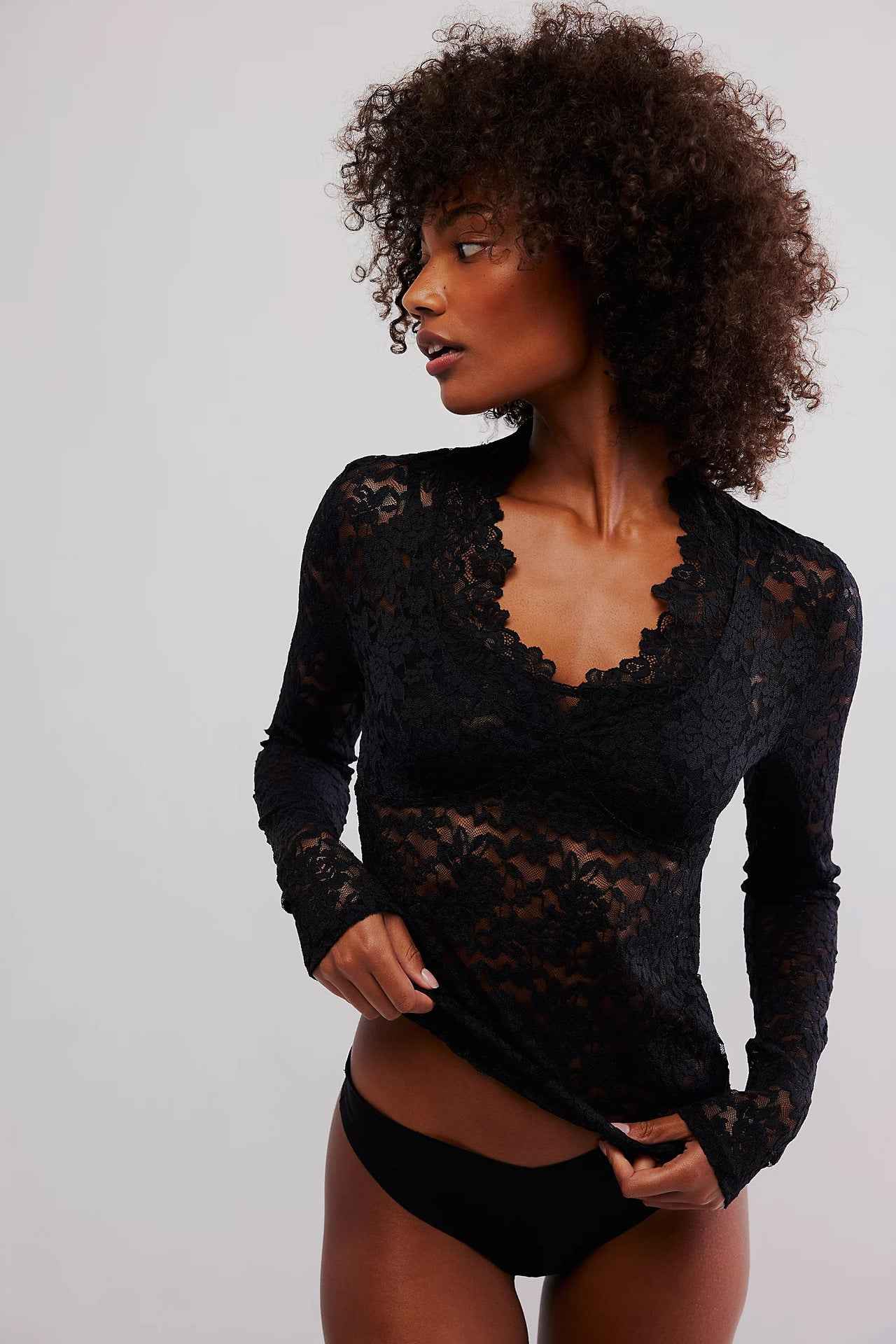 Hollow Lace Long-sleeved Top For Women Black MuddyStock