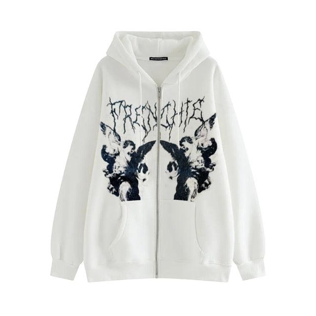 Goth Angel Dark Print Zipper Hoodie for Women | MuddyStock Originals white