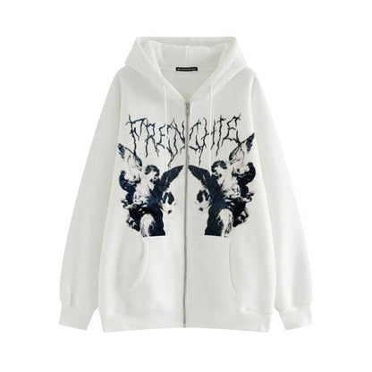 Goth Angel Dark Print Zipper Hoodie for Women | MuddyStock Originals white