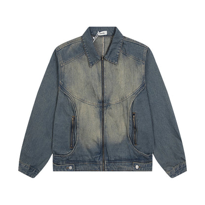 Punk Old Wash Denim Jacket For Men Blue MuddyStock null