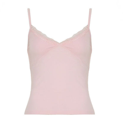 Simple Lace-trimmed V-neck Short Top For Women Light Pink