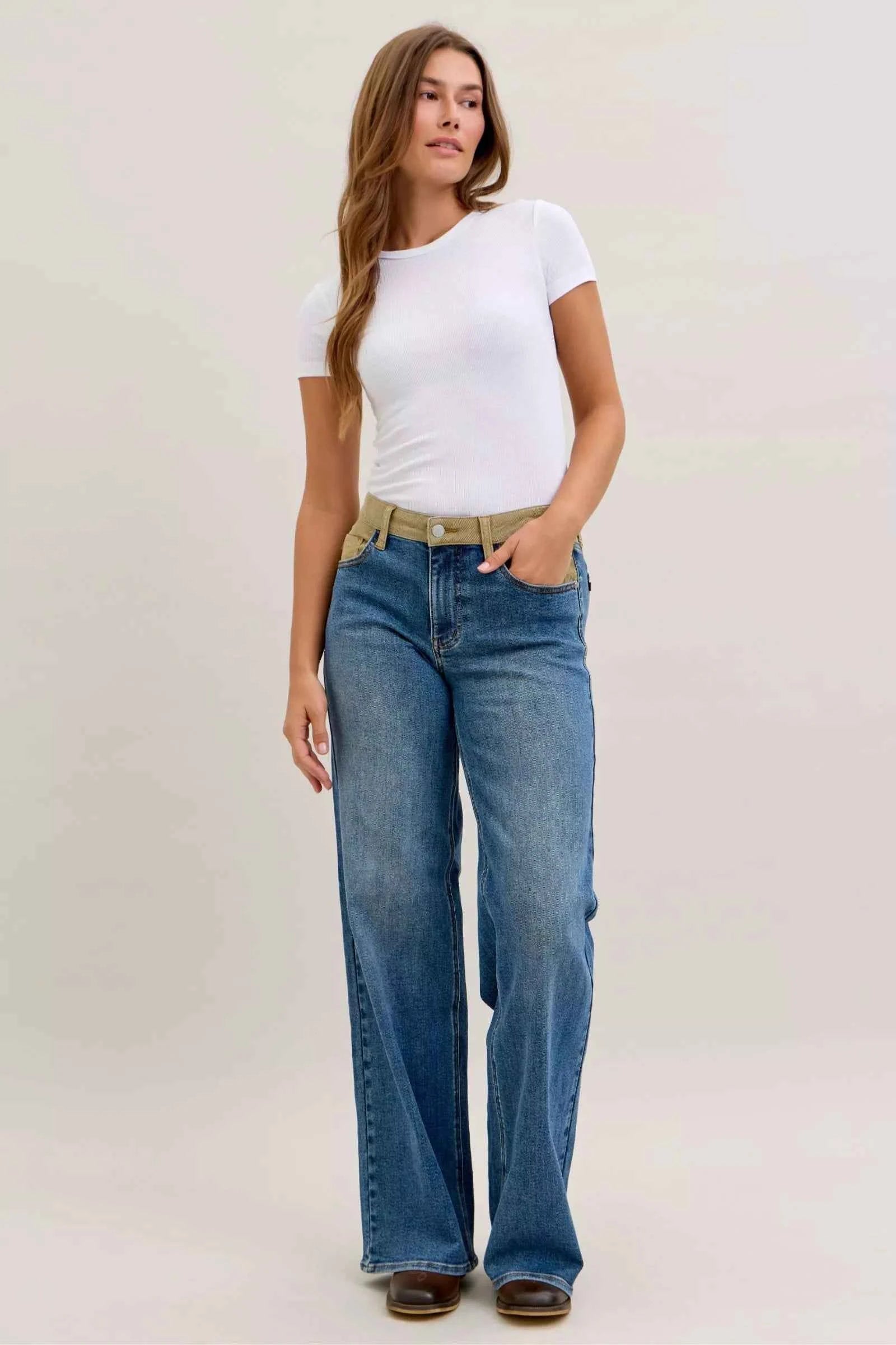 Judy Blue MR Column Straight Jeans with Corduroy Waist For Women Trendsi