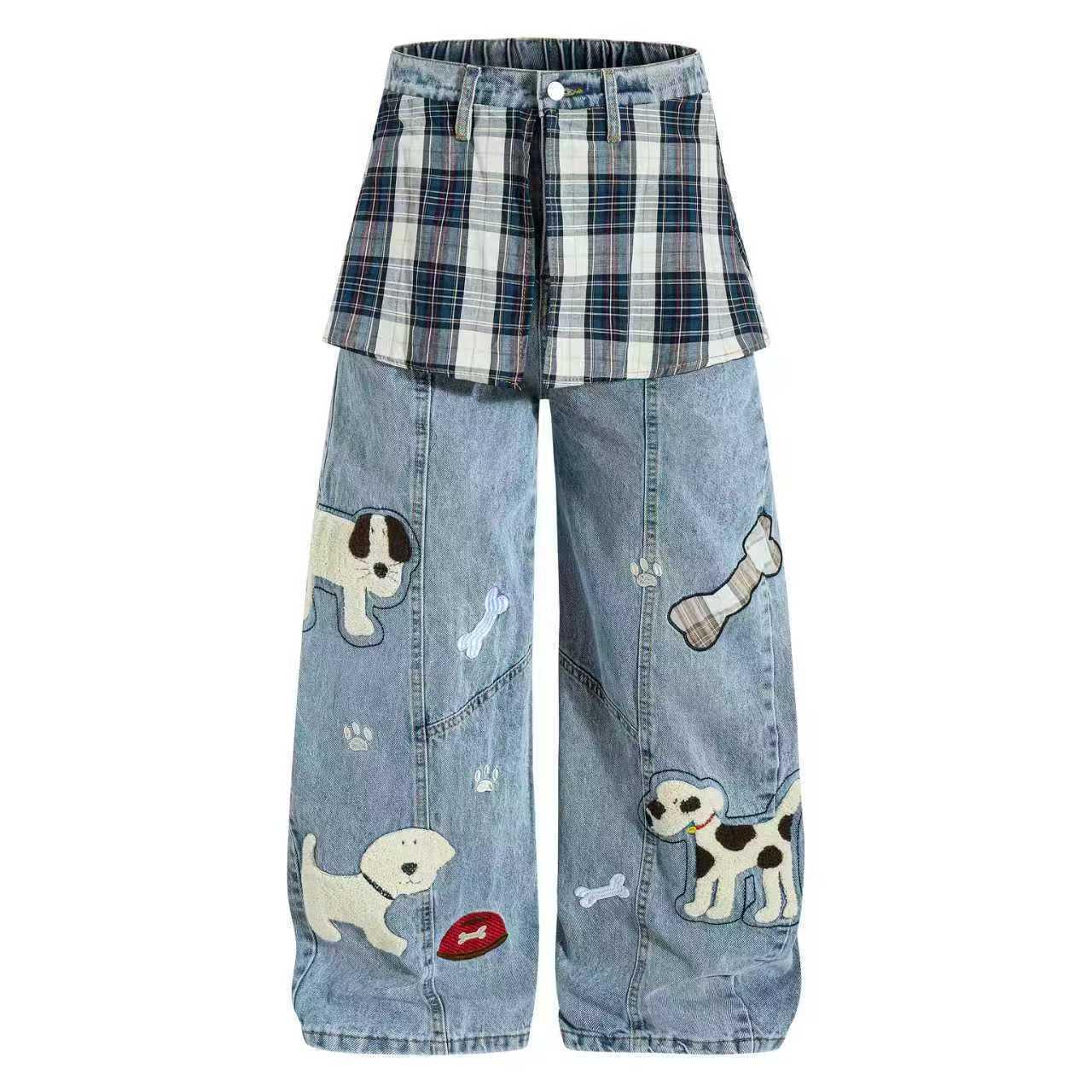 Cartoon towel embroidered puppy patchwork curtain jeans for women | MuddyStock Originals