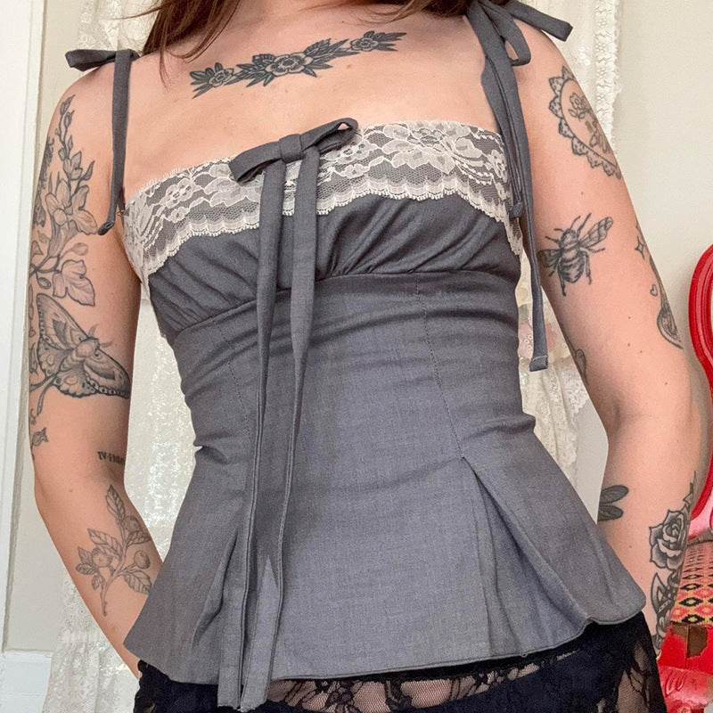 Lace With Bow Splicing Sling Top MuddyStock