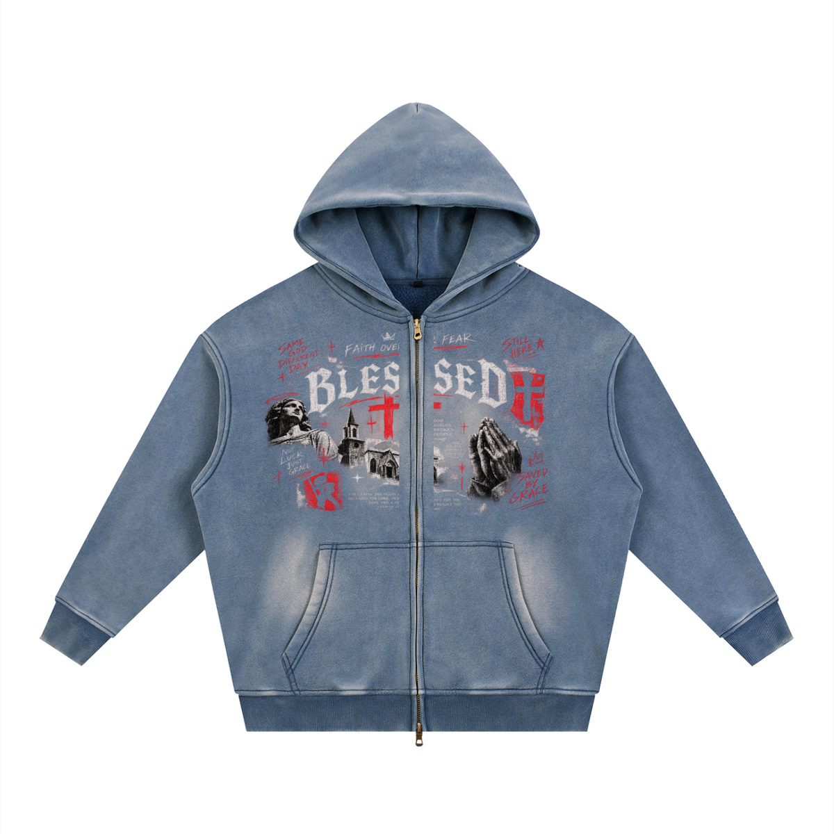Sunfade Two-way Zipper Boxy Fleece Hoodie For Men | MuddyStock Originals Haze Blue