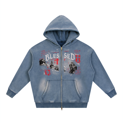 Sunfade Two-way Zipper Boxy Fleece Hoodie For Men | MuddyStock Originals Haze Blue