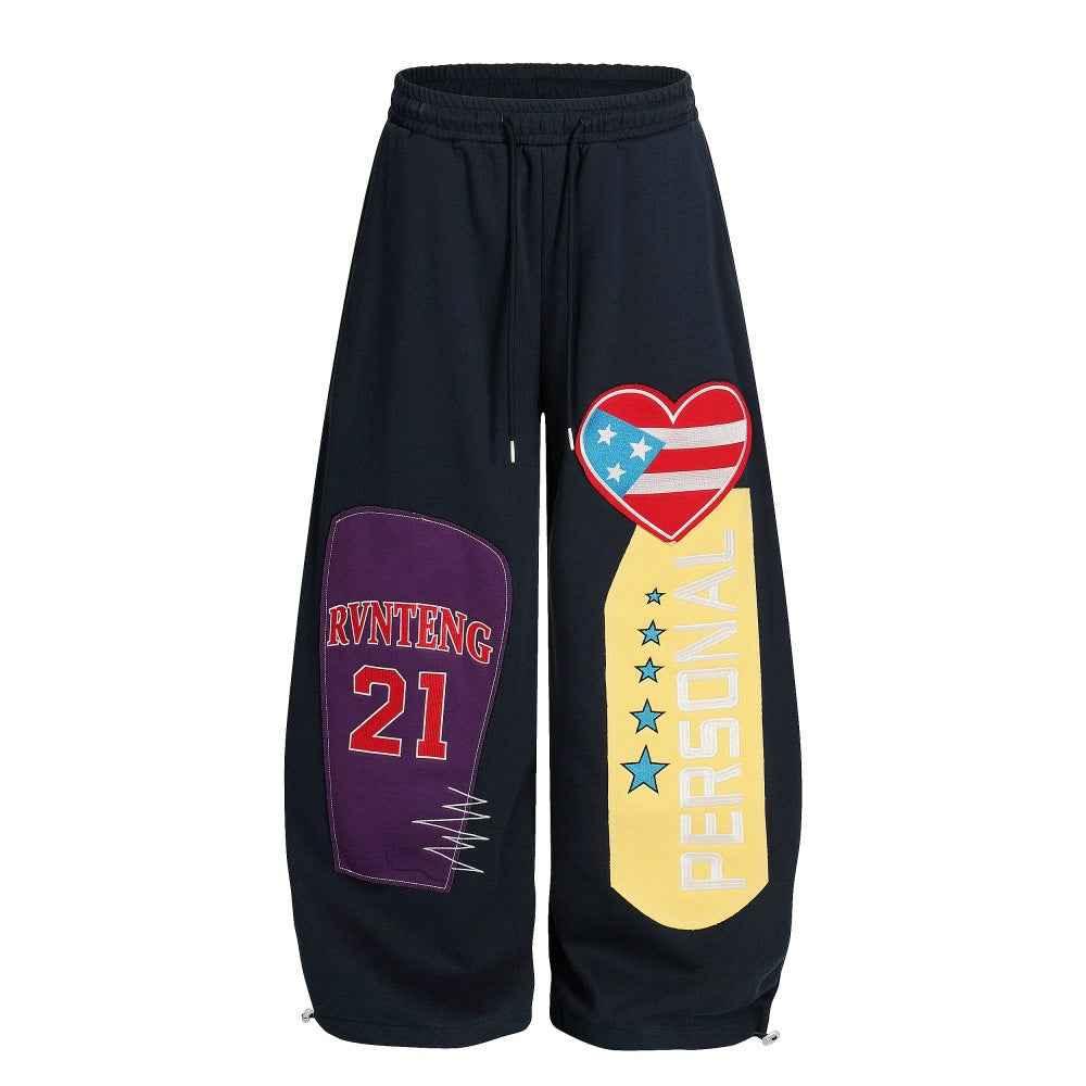 Color blocking patchwork curved knife wide leg pants for women | MuddyStock Originals Blue