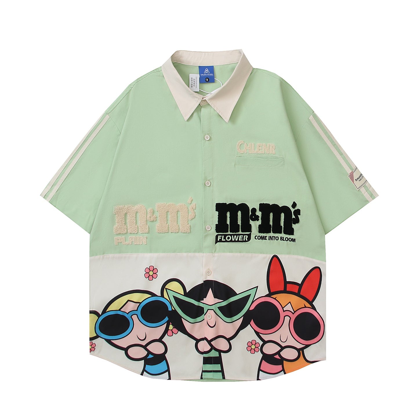Cartoon Printed Color blocked Short Sleeve Shirt For Women | MuddyStock Originals green