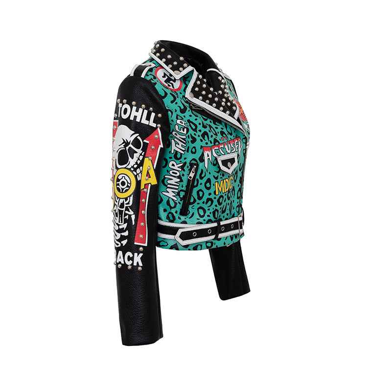Punk Graffiti Print Leather Jacket For Women