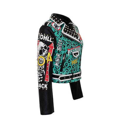 Punk Graffiti Print Leather Jacket For Women