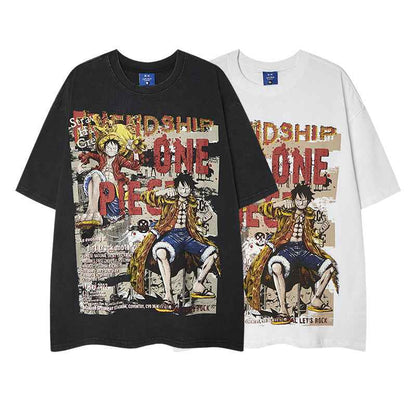 Washed Cartoon Anime Luffy Printed Short Sleeve T-Shirt For Men | MuddyStock Originals eprolo