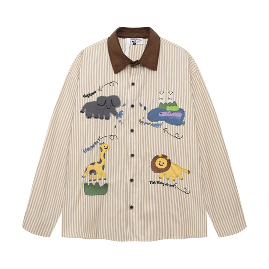 Fun design animal embroidery striped long sleeved shirt Apricot eprolo