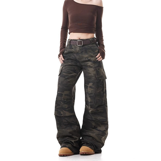 Washed Distressed Camouflage Cargo Jeans Women Vintage Loose Straight Leg Casual Flared Floor-Length Pants