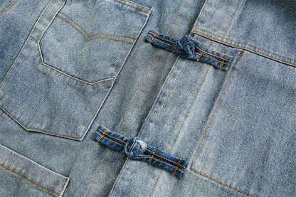 Women's Vintage Distressed Plate Buckle Polo Collar Jacket