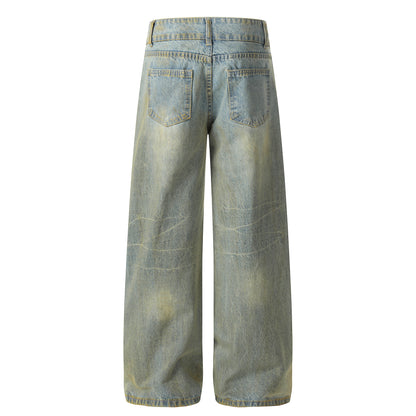 Vintage distressed dirty dyed yellow mud wide leg jeans for men | MuddyStoc Originals