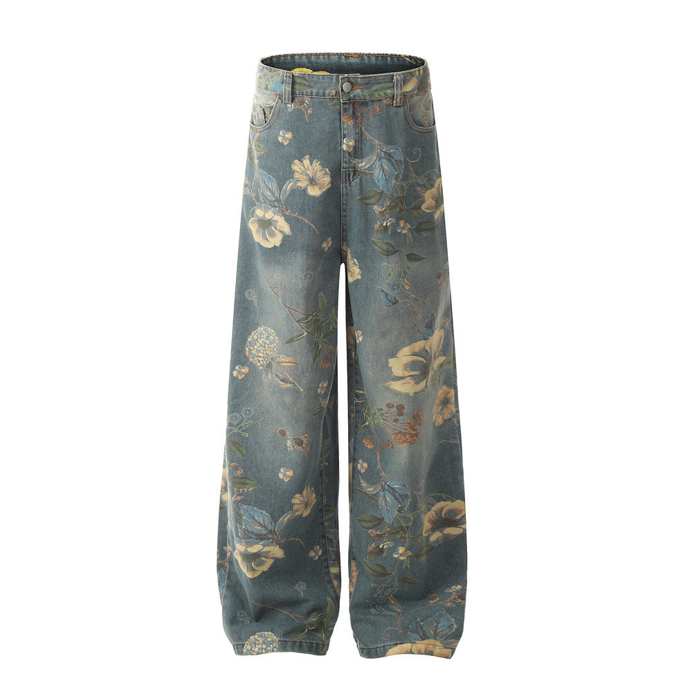 Men's Printed Niche Loose Wide Leg Denim Trousers Blue MuddyStock