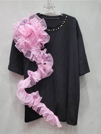 Women's T-shirt Rivet Collar Irregular Pleated Pink Mesh Flowers | MuddyStock Originals MuddyStock