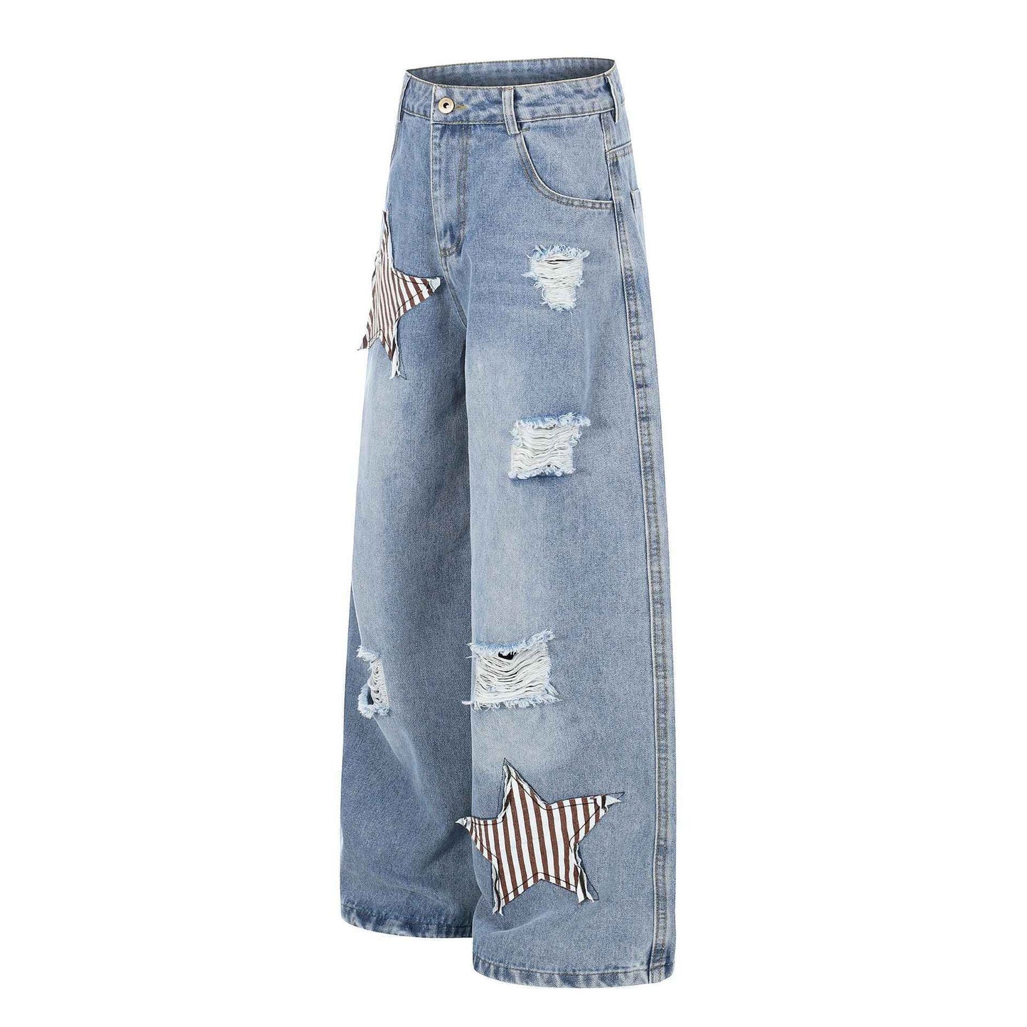 Star Patch Washed Blue Wide Leg Casual Versatile Straight Leg Jeans For Women | MuddyStock Originals