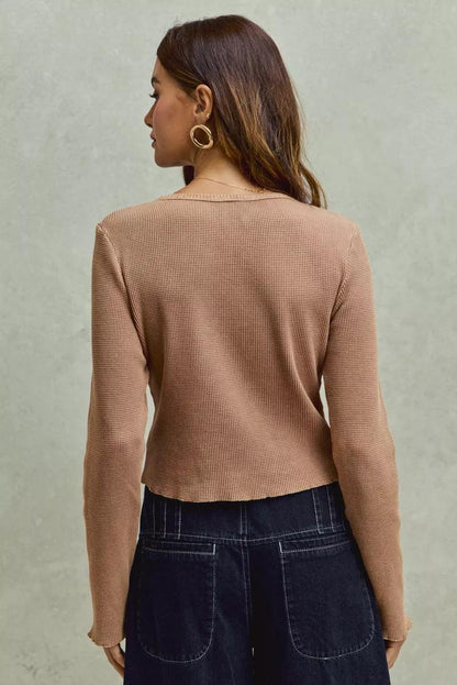 Vintage Washed Lace Crop Thermal Washed Knit Top
