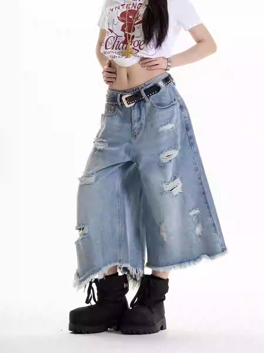 American Retro Ripped Design Cropped Pants For Women Blue